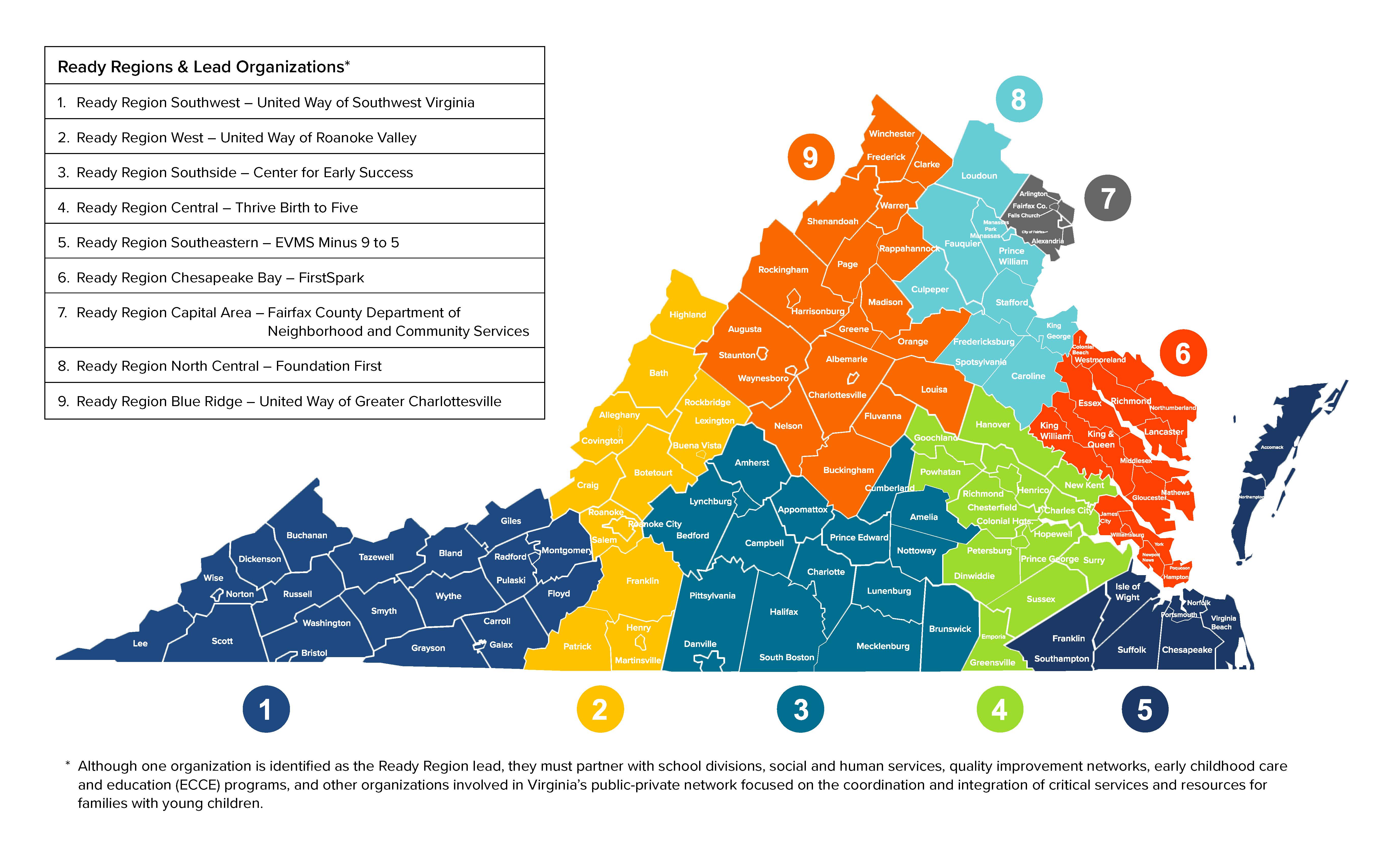 Map of Virginia showing the nine designated Ready Regions